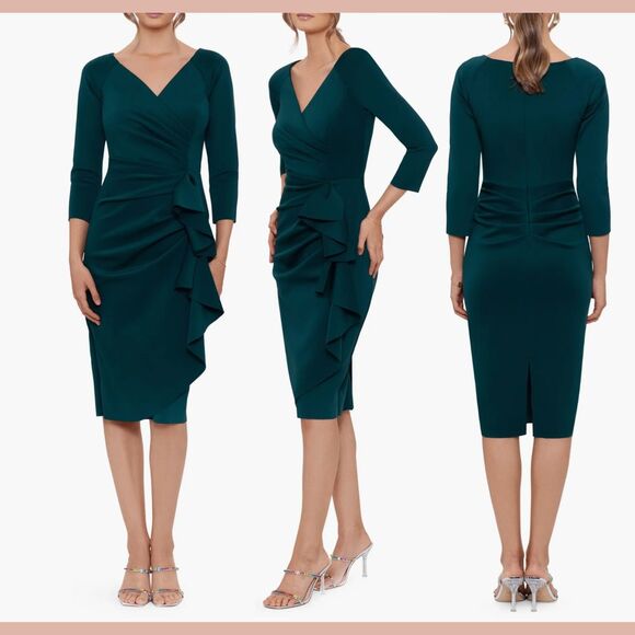 NWT $218 XSCAPE [ 16 ] Ruffle Scuba Sheath‎ Dress in Hunter Green - Picture 1 of 3